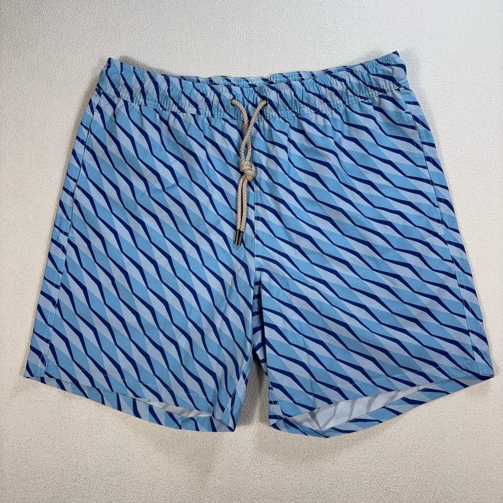 Fair Harbor 6" Lined Swim Shorts Mens L Blue Geometric Drawstring Pockets Trunks